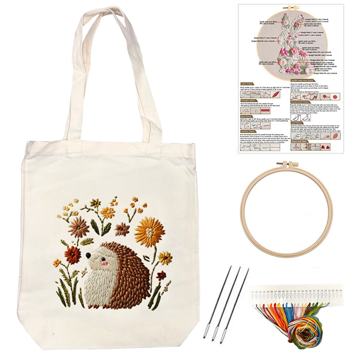 Hedgehog And Flower - DIY Embroidery Cross Stitch Kit with Pattern Cotton Threads Needles Hoop 32×37CM/12.60×14.57in