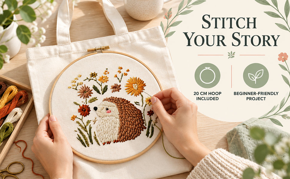 Hedgehog And Flower - DIY Embroidery Cross Stitch Kit with Pattern Cotton Threads Needles Hoop 32×37CM/12.60×14.57in