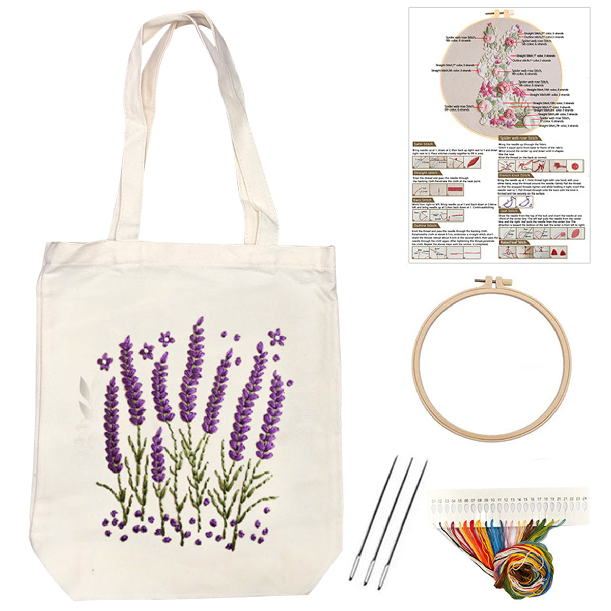 Lavendel – DIY-Stickset für Kreuzstich mit Muster, Baumwollgarnen, Nadeln und Stickrahmen, 32 × 37 cm / 12,60 × 14,57 Zoll