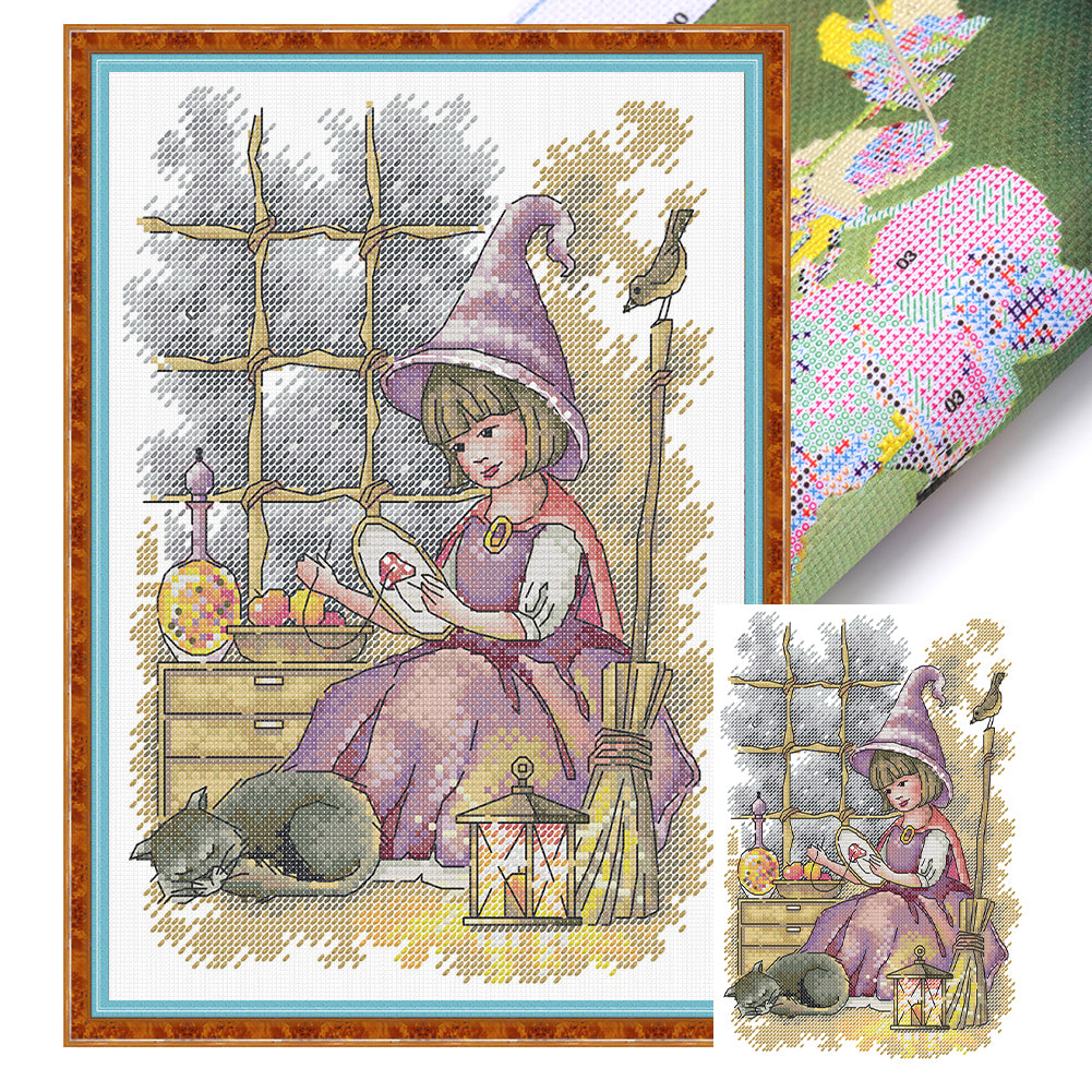 Little Girl Doing Needlework - Partial 14CT Stamped Cross Stitch 21x30CM - Joy Sunday Backstitch+Half Cross Stitch