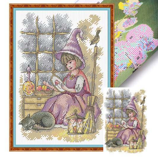 Little Girl Doing Needlework - Partial 14CT Stamped Cross Stitch 21x30CM - Joy Sunday Backstitch+Half Cross Stitch