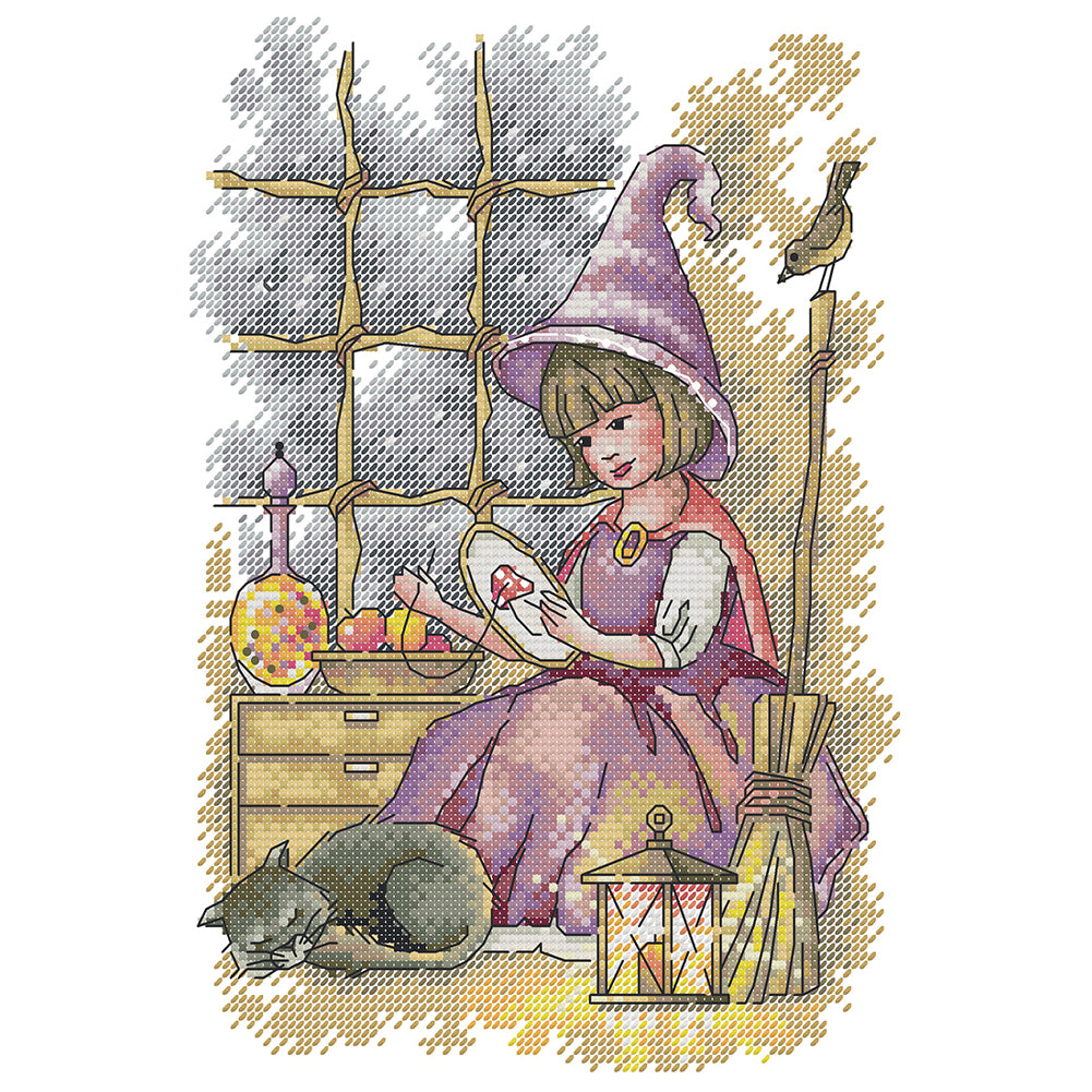 Little Girl Doing Needlework - Partial 14CT Stamped Cross Stitch 21x30CM - Joy Sunday Backstitch+Half Cross Stitch