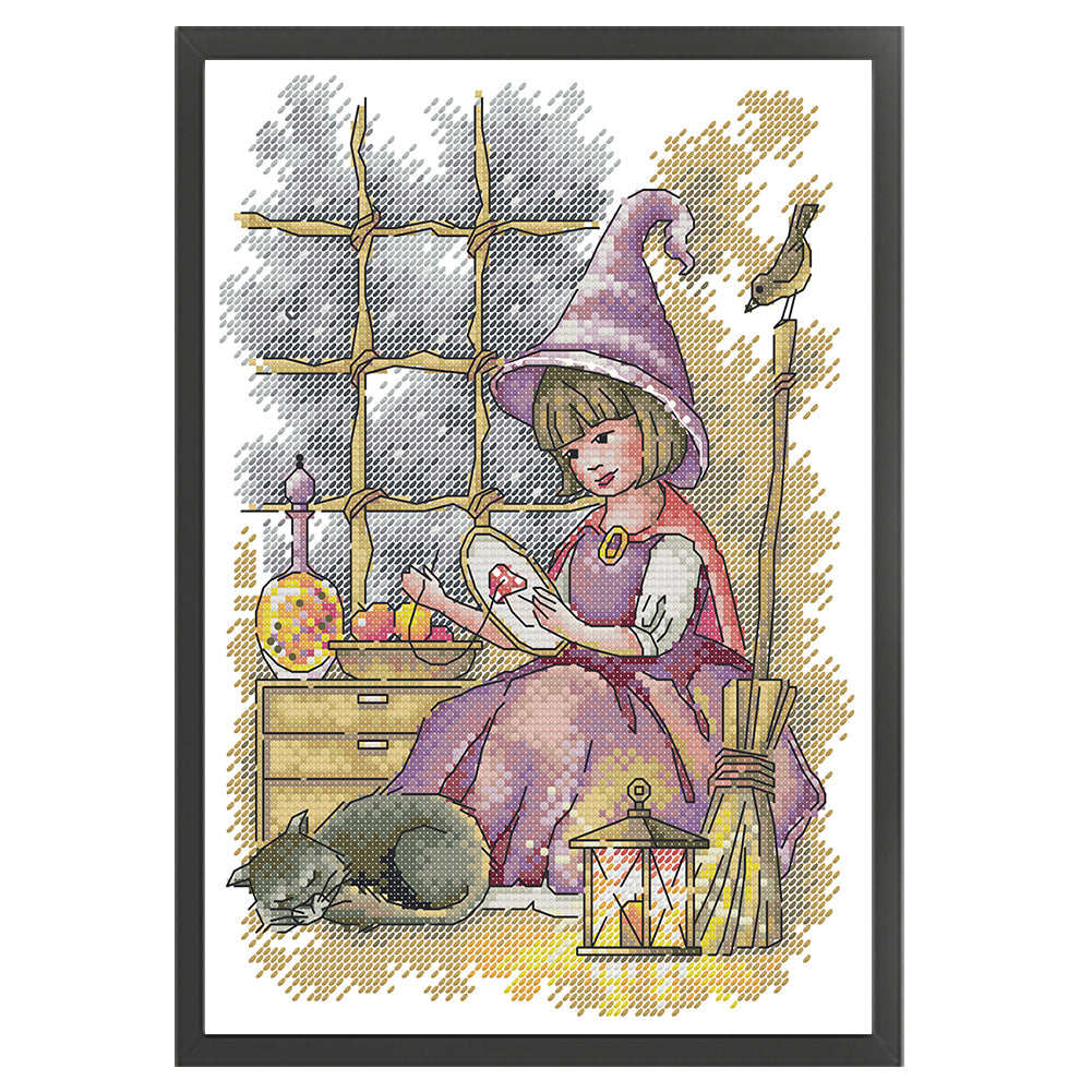 Little Girl Doing Needlework - Partial 14CT Stamped Cross Stitch 21x30CM - Joy Sunday Backstitch+Half Cross Stitch
