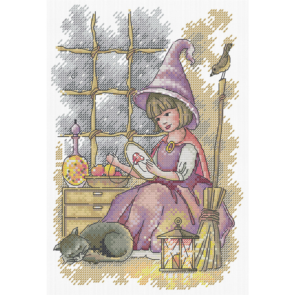 Little Girl Doing Needlework - Partial 14CT Stamped Cross Stitch 21x30CM - Joy Sunday Backstitch+Half Cross Stitch