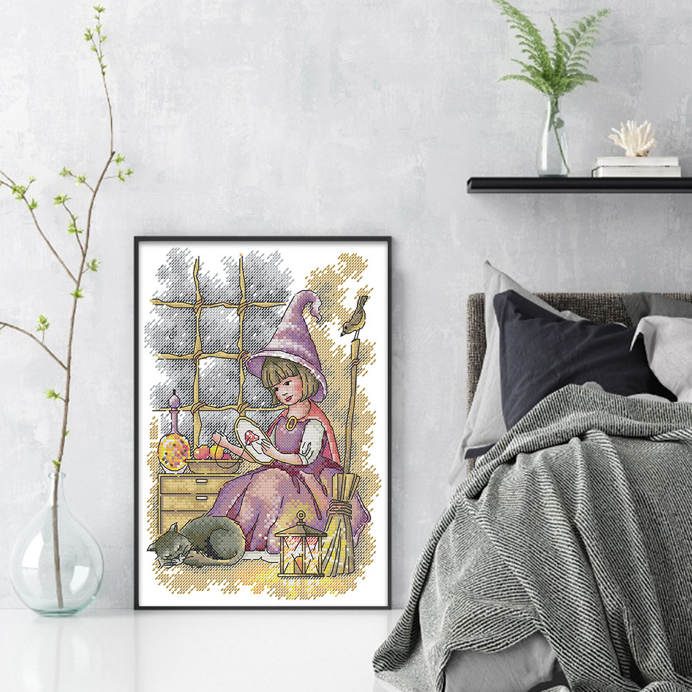 Little Girl Doing Needlework - Partial 14CT Stamped Cross Stitch 21x30CM - Joy Sunday Backstitch+Half Cross Stitch