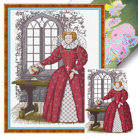 Lady In Red - Partial 14CT Stamped Cross Stitch 29x38CM - Joy Sunday Backstitch