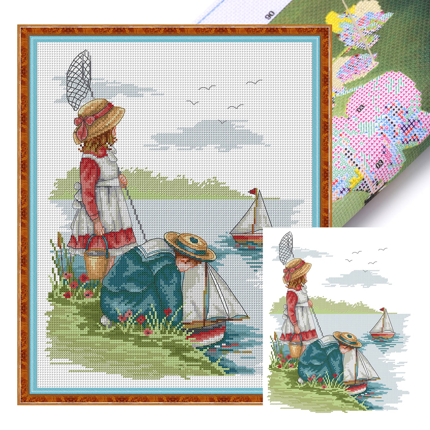 Girl By Lake - Partial 14CT Stamped Cross Stitch 34x41CM - Joy Sunday Backstitch+Half Cross Stitch