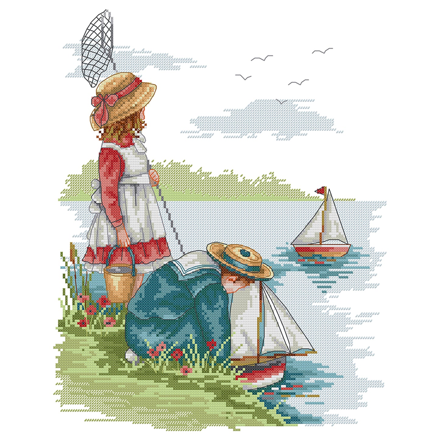 Girl By Lake - Partial 14CT Stamped Cross Stitch 34x41CM - Joy Sunday Backstitch+Half Cross Stitch