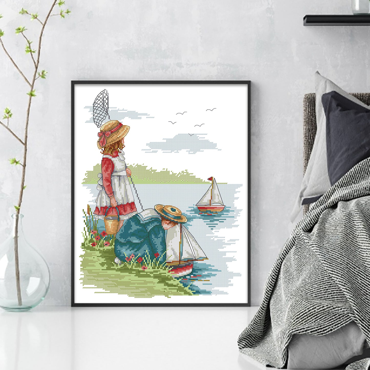 Girl By Lake - Partial 14CT Stamped Cross Stitch 34x41CM - Joy Sunday Backstitch+Half Cross Stitch