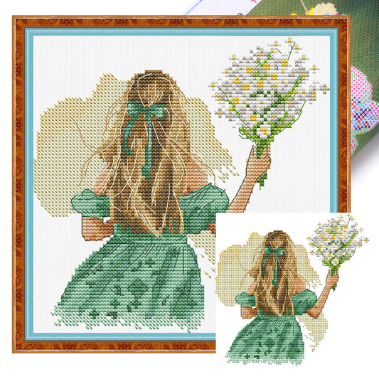 Girl With Lilac - Partial 14CT Stamped Cross Stitch 20x21CM - Joy Sunday Backstitch+Half Cross Stitch