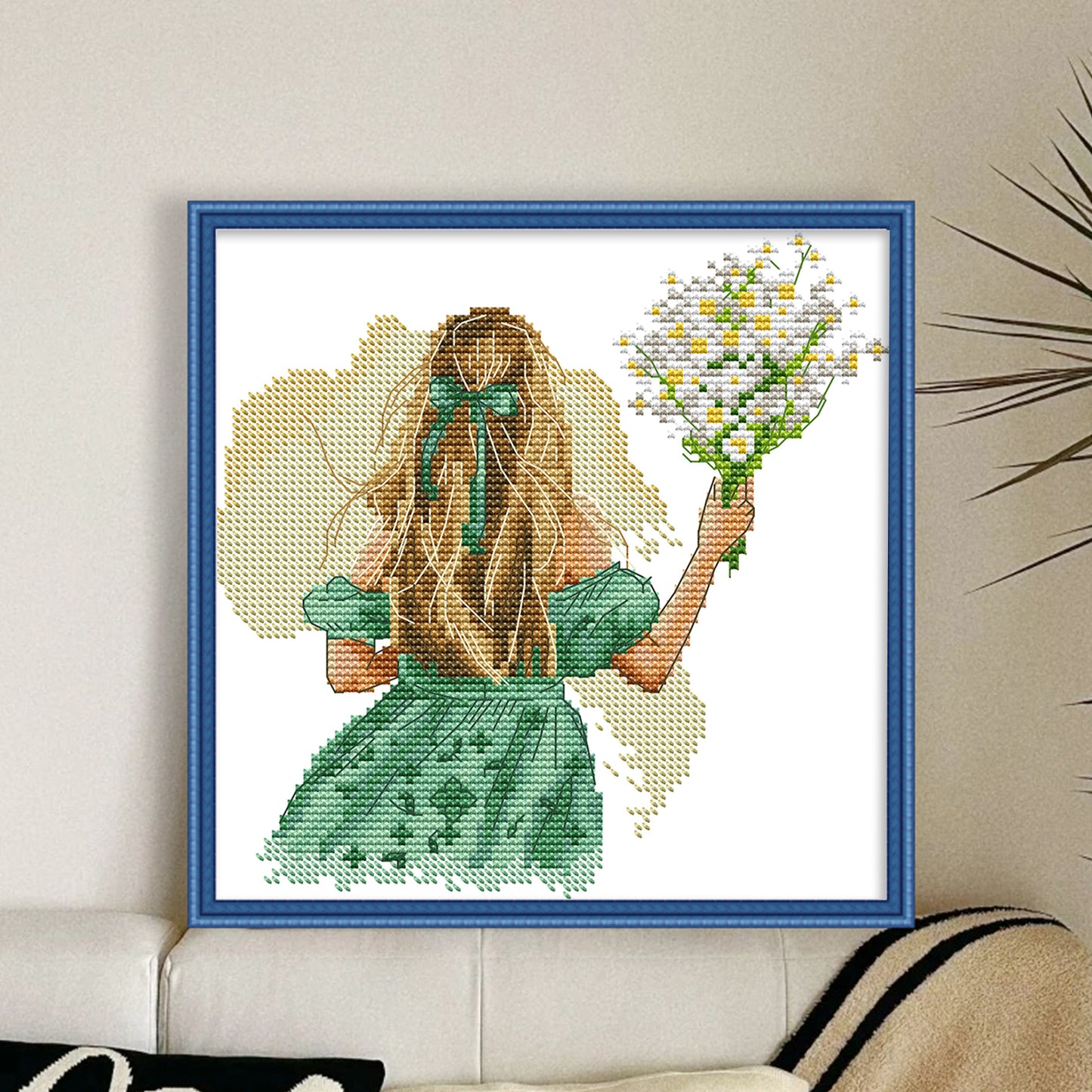 Girl With Lilac - Partial 14CT Stamped Cross Stitch 20x21CM - Joy Sunday Backstitch+Half Cross Stitch