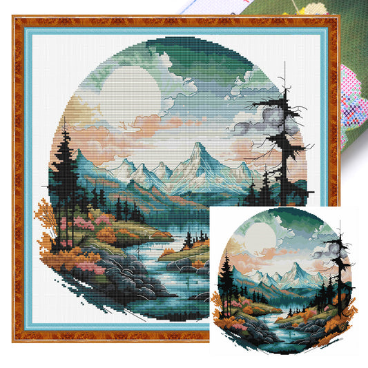 Distant Mountains In Autumn - Partial 14CT Stamped Cross Stitch 43x40CM - Joy Sunday Backstitch