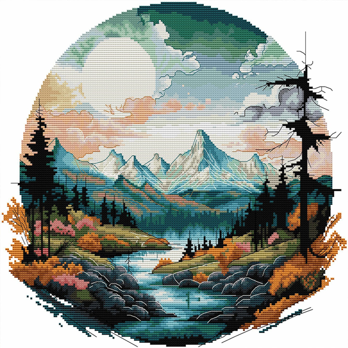 Distant Mountains In Autumn - Partial 14CT Stamped Cross Stitch 43x40CM - Joy Sunday Backstitch
