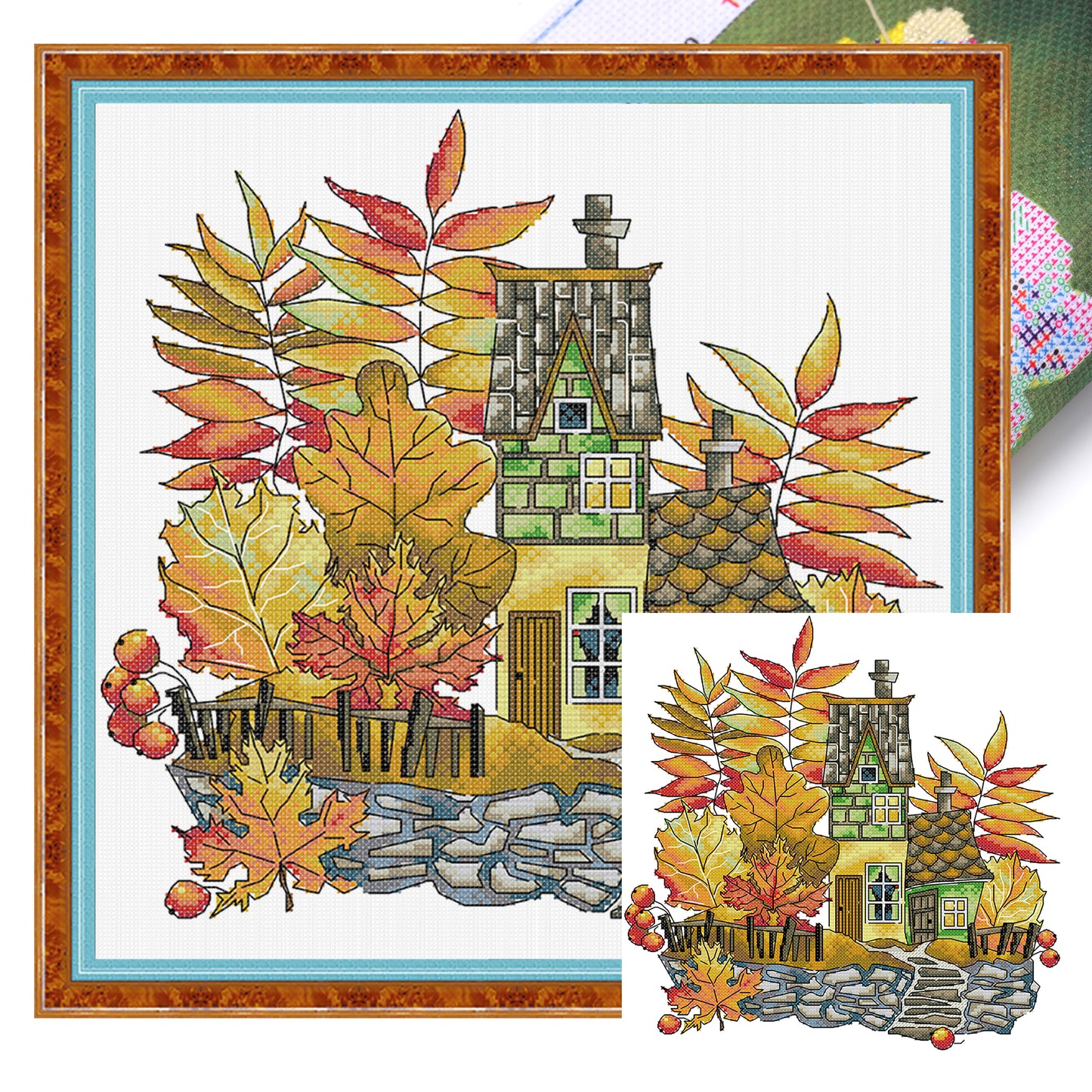 House In Autumn Scenery - Partial 14CT Stamped Cross Stitch 32x32CM - Joy Sunday Backstitch