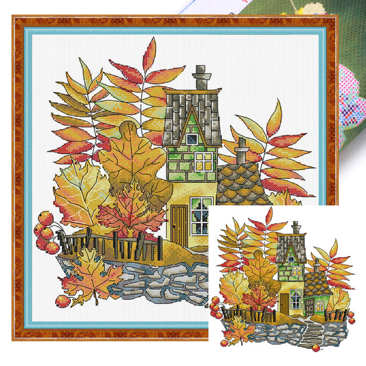 House In Autumn Scenery - Partial 14CT Stamped Cross Stitch 32x32CM - Joy Sunday Backstitch