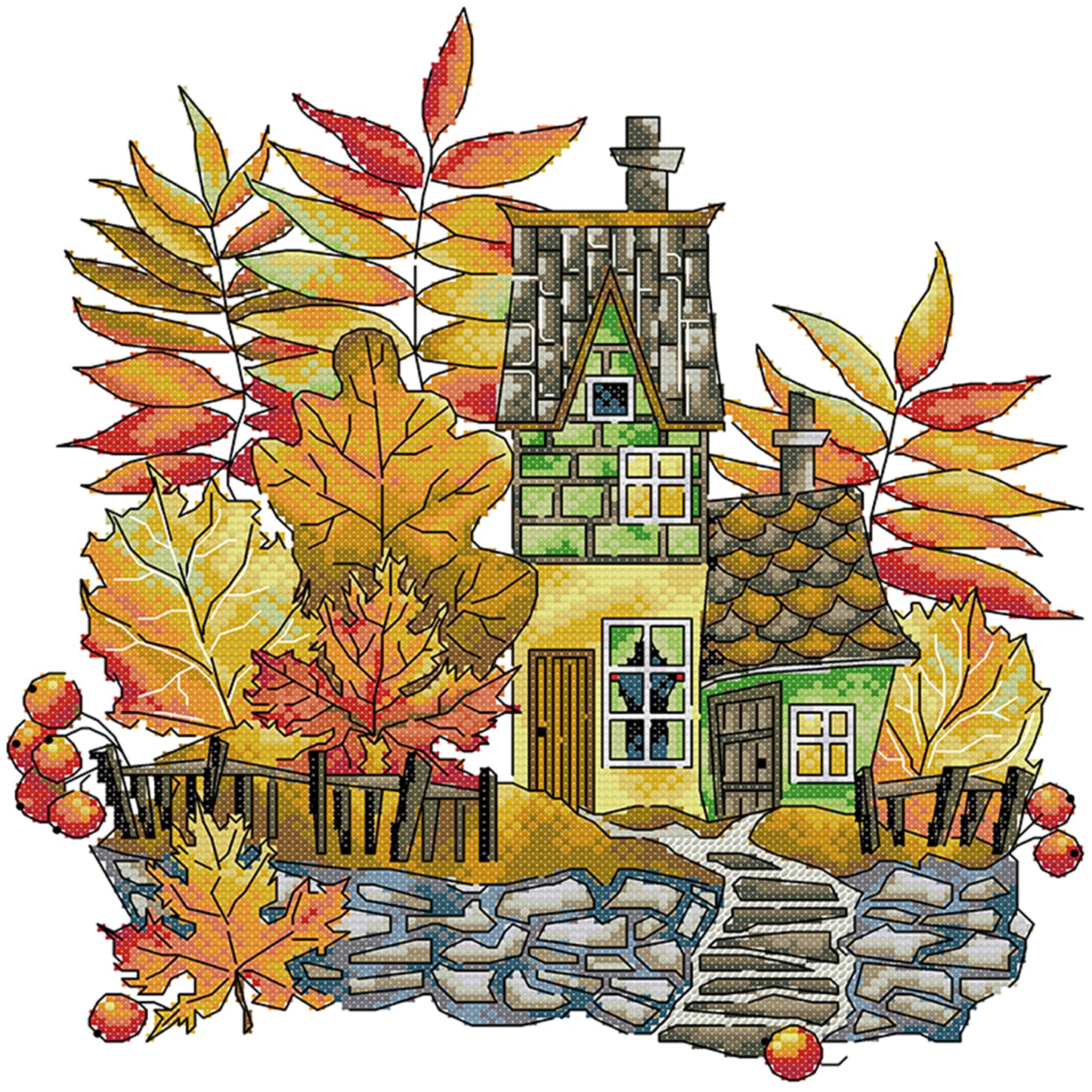 House In Autumn Scenery - Partial 14CT Stamped Cross Stitch 32x32CM - Joy Sunday Backstitch