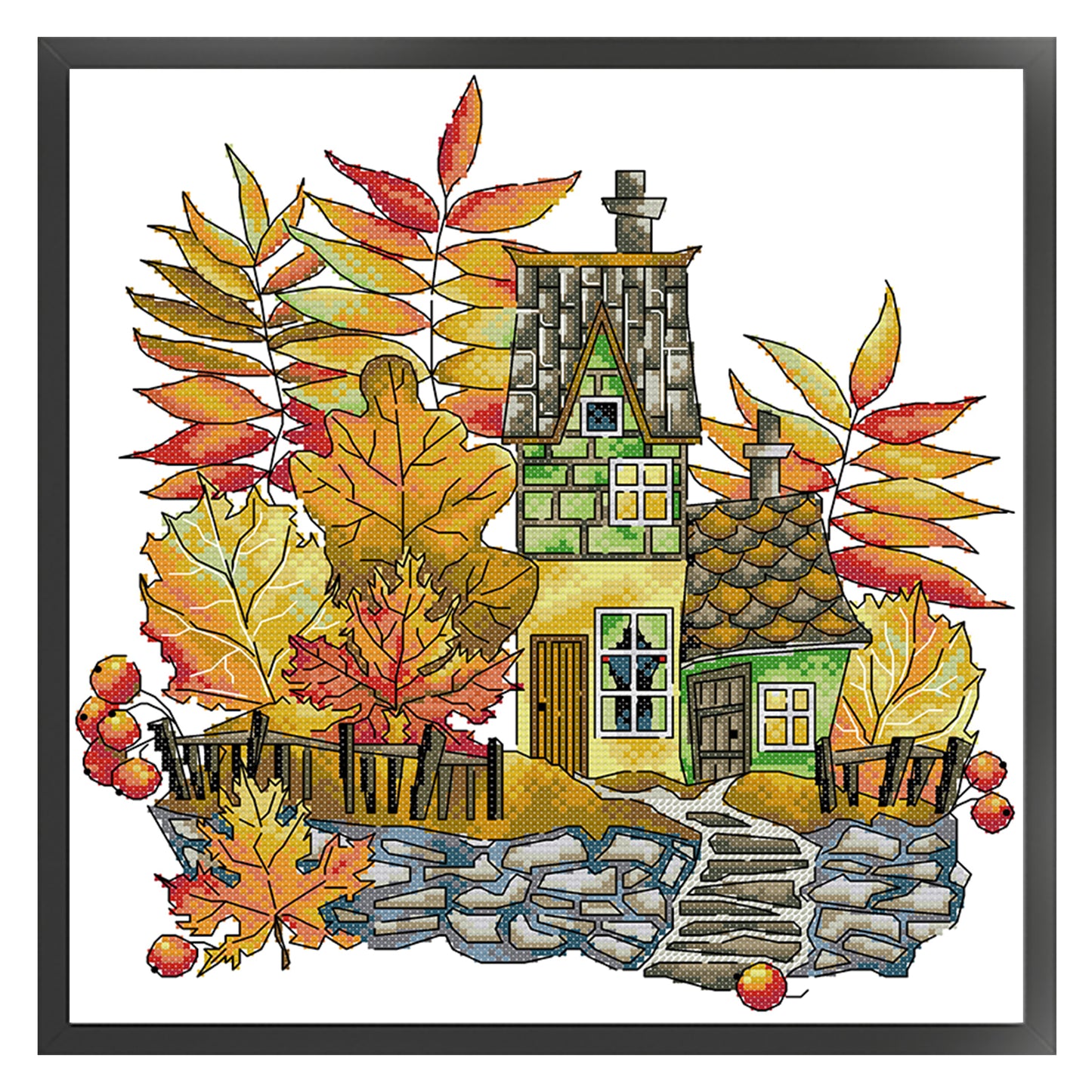 House In Autumn Scenery - Partial 14CT Stamped Cross Stitch 32x32CM - Joy Sunday Backstitch