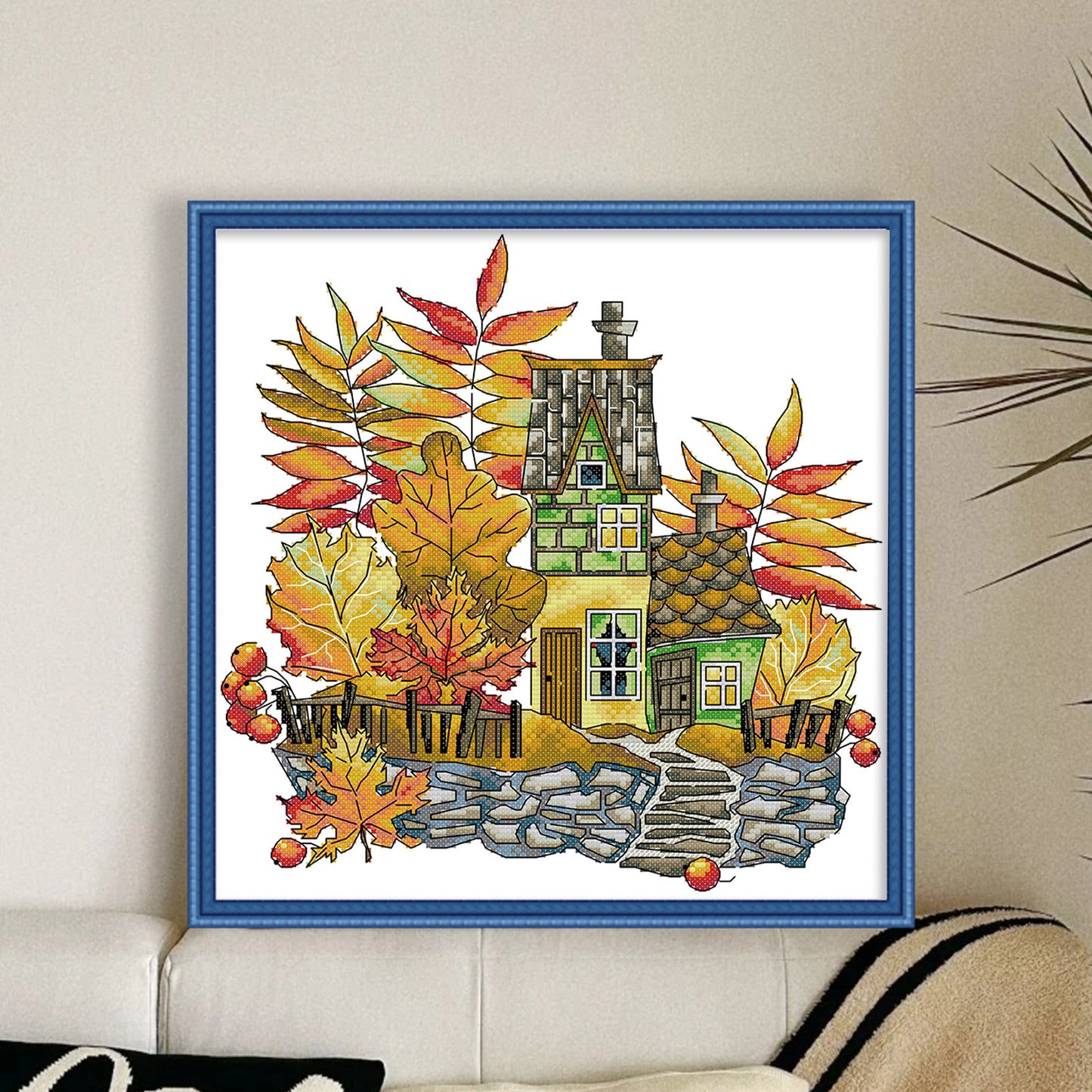 House In Autumn Scenery - Partial 14CT Stamped Cross Stitch 32x32CM - Joy Sunday Backstitch