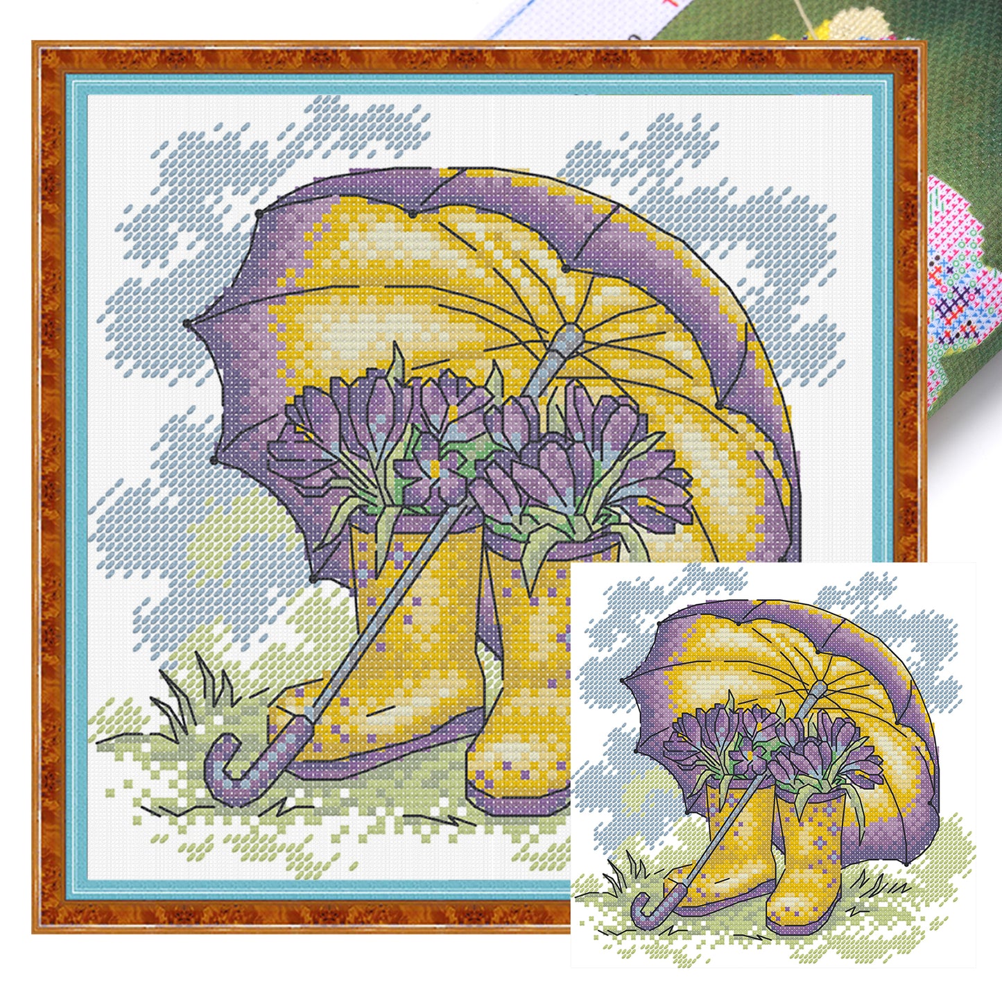 Umbrella And Rain Boots In Spring - Partial 14CT Stamped Cross Stitch 21x20CM - Joy Sunday Backstitch+Half Cross Stitch