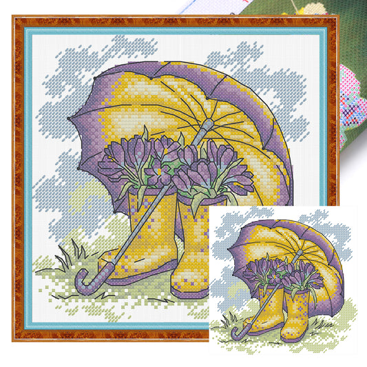 Umbrella And Rain Boots In Spring - Partial 14CT Stamped Cross Stitch 21x20CM - Joy Sunday Backstitch+Half Cross Stitch