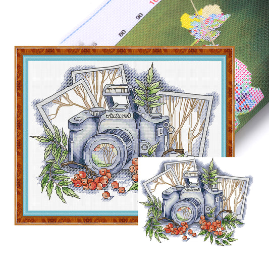 Autumn Through Lens - Partial 14CT Stamped Cross Stitch 31x26CM - Joy Sunday Backstitch+Half Cross Stitch