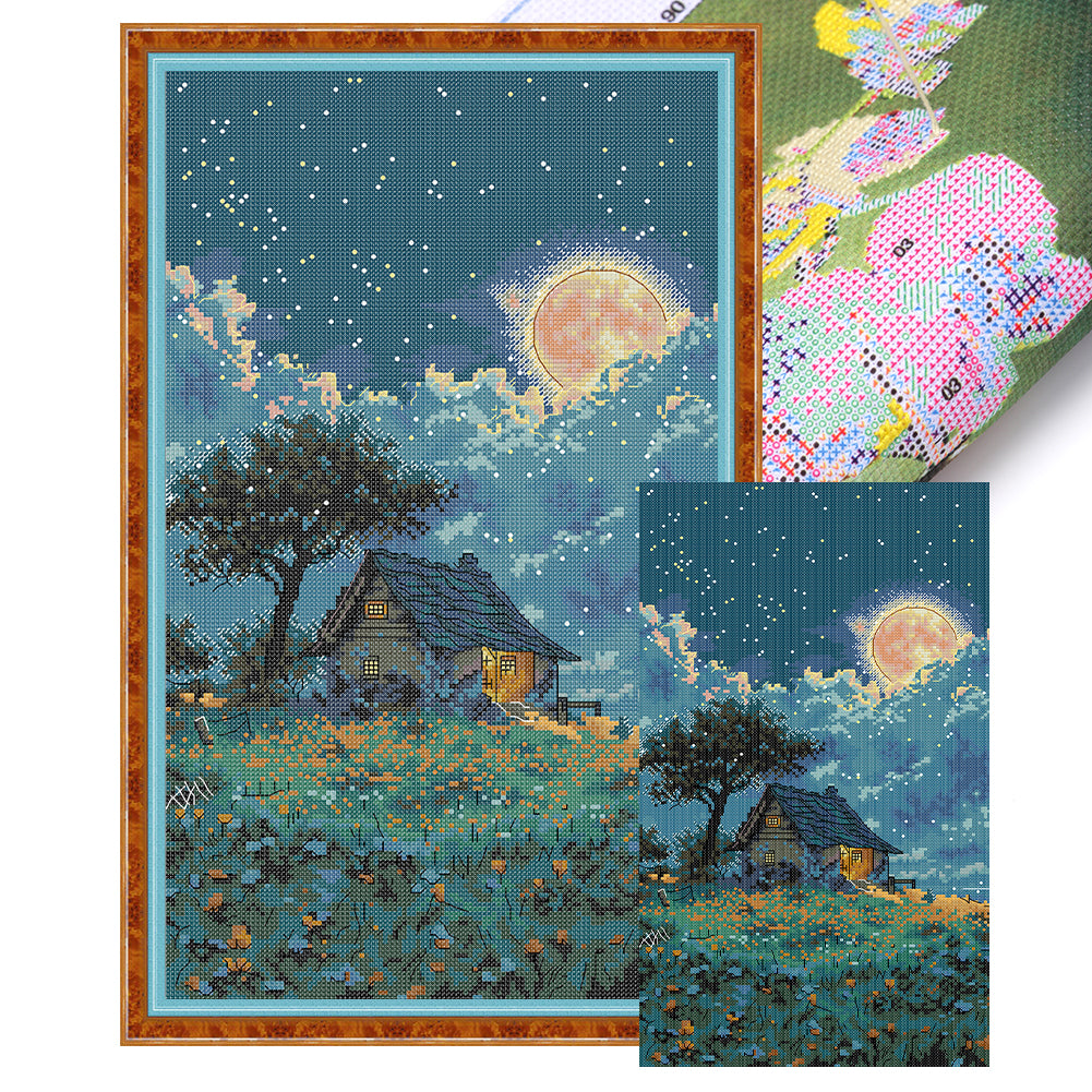 Cottage Under Moonlight - Full 14CT Stamped Cross Stitch 28x44CM - Joy Sunday