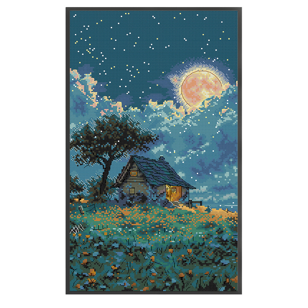 Cottage Under Moonlight - Full 14CT Stamped Cross Stitch 28x44CM - Joy Sunday