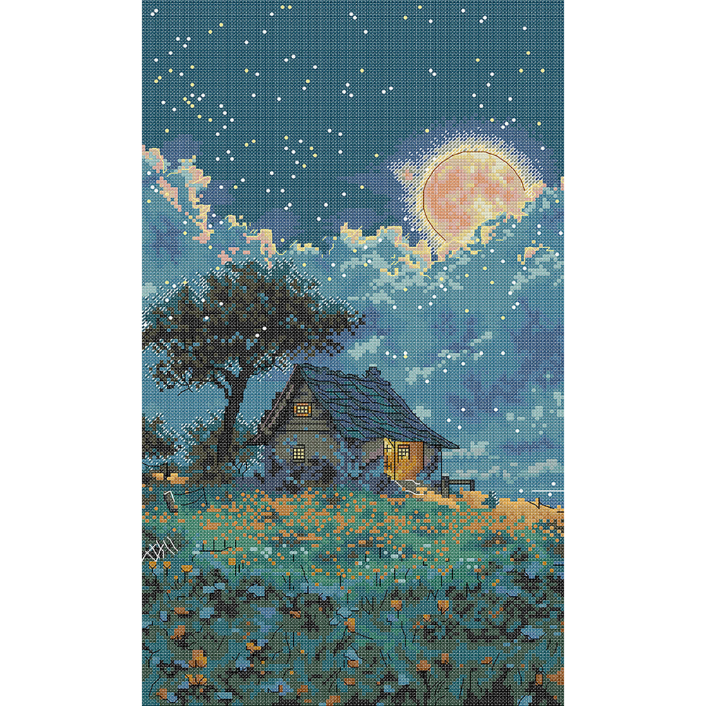 Cottage Under Moonlight - Full 14CT Stamped Cross Stitch 28x44CM - Joy Sunday
