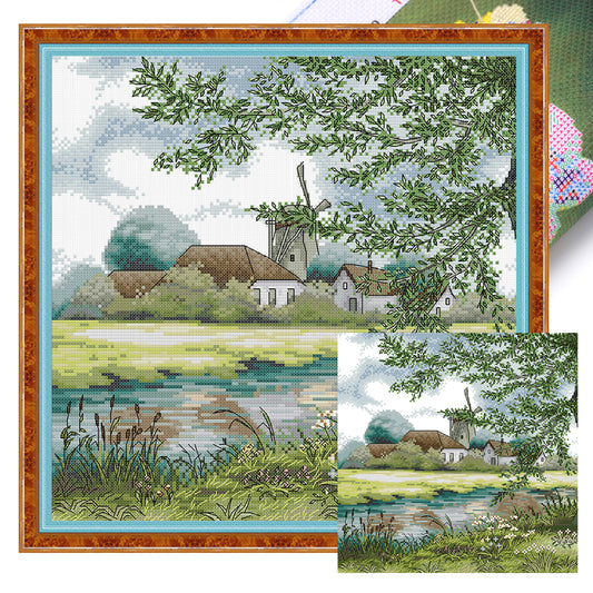 Scenery By Stream - Full 14CT Stamped Cross Stitch 34x34CM - Joy Sunday