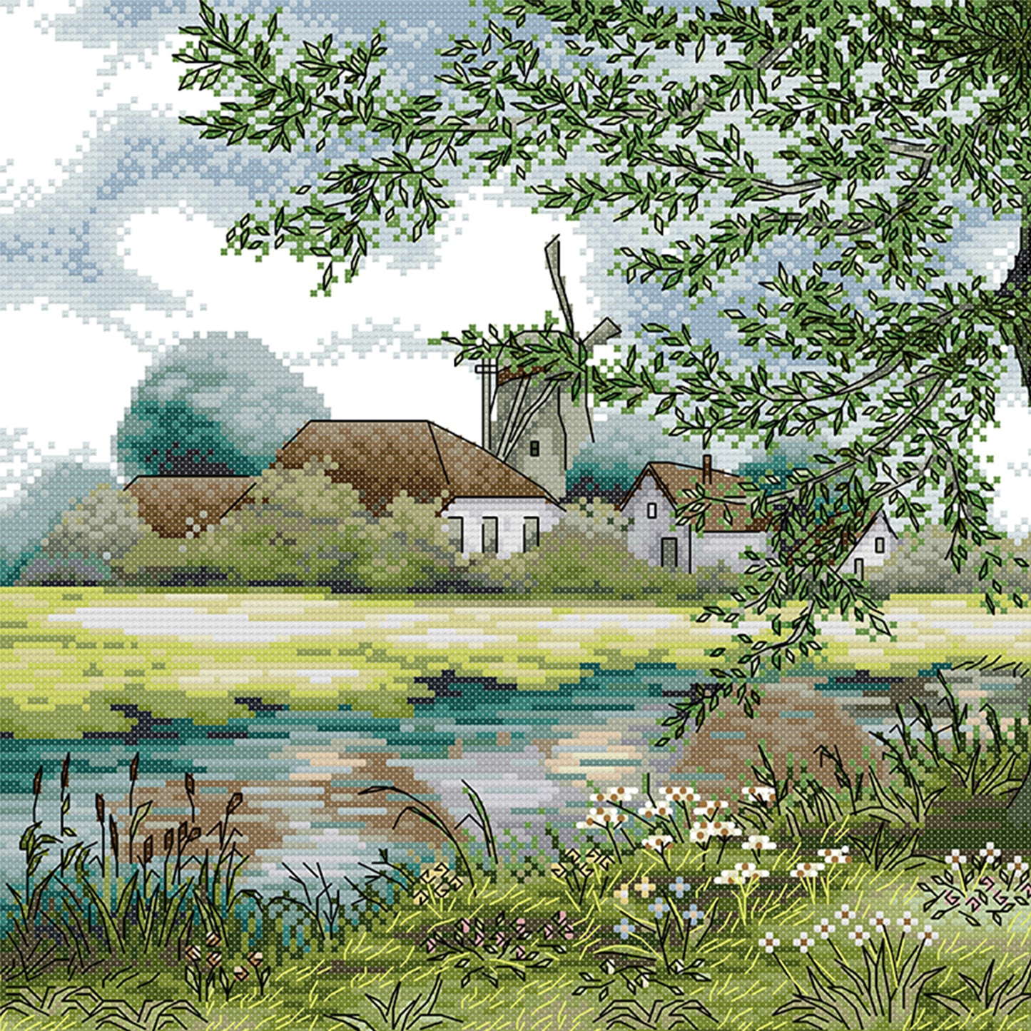 Scenery By Stream - Full 14CT Stamped Cross Stitch 34x34CM - Joy Sunday