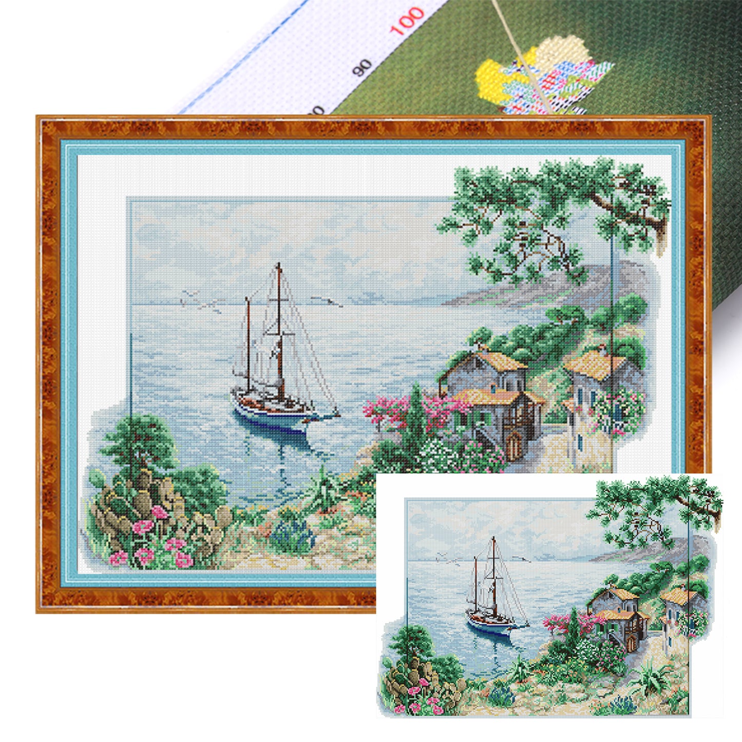 Small Fishing Village By Sea - Partial 14CT Stamped Cross Stitch 58x43CM - Joy Sunday