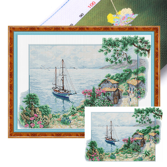 Small Fishing Village By Sea - Partial 14CT Stamped Cross Stitch 58x43CM - Joy Sunday