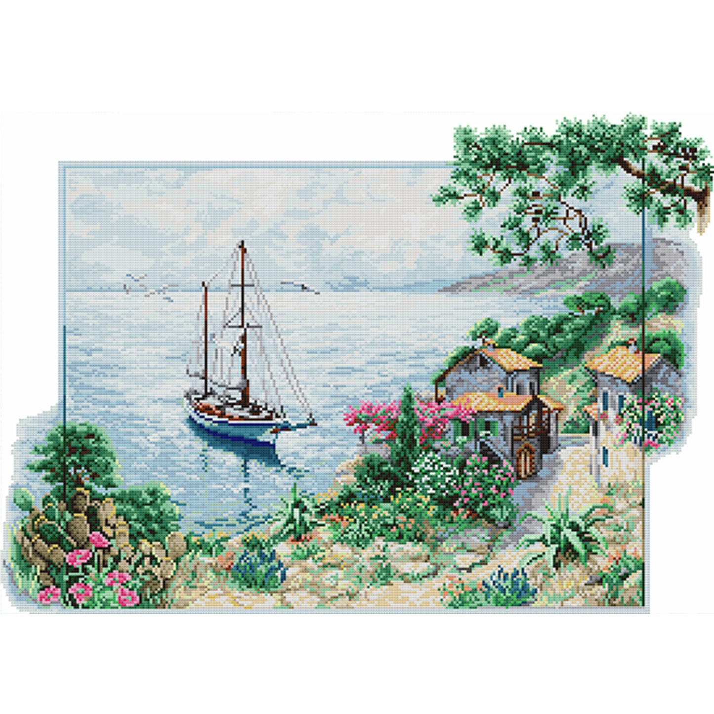 Small Fishing Village By Sea - Partial 14CT Stamped Cross Stitch 58x43CM - Joy Sunday