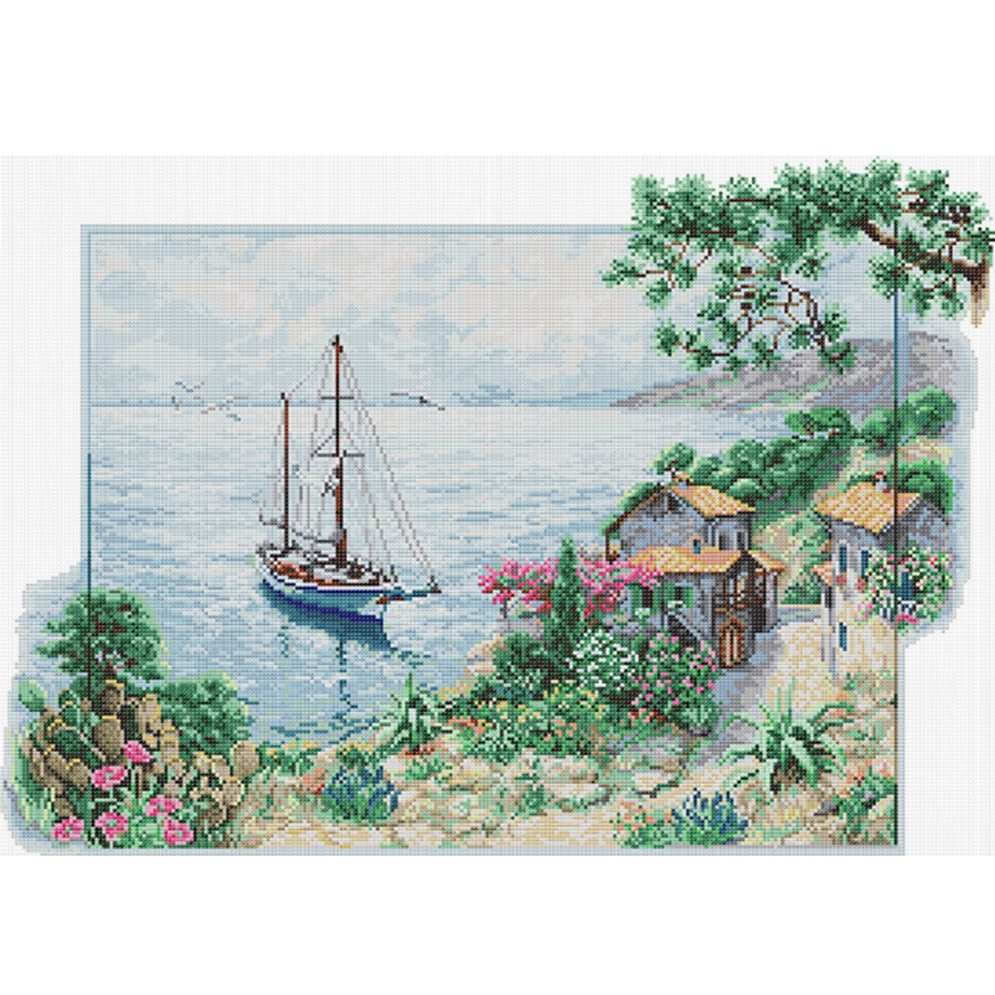 Small Fishing Village By Sea - Partial 14CT Stamped Cross Stitch 58x43CM - Joy Sunday