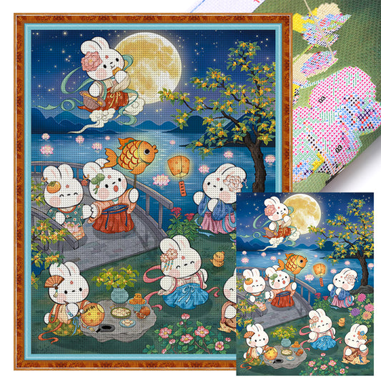 Rabbit With Blooming Flowers And Full Moon - Full 11CT Stamped Cross Stitch 55x70CM - Mona Lisa