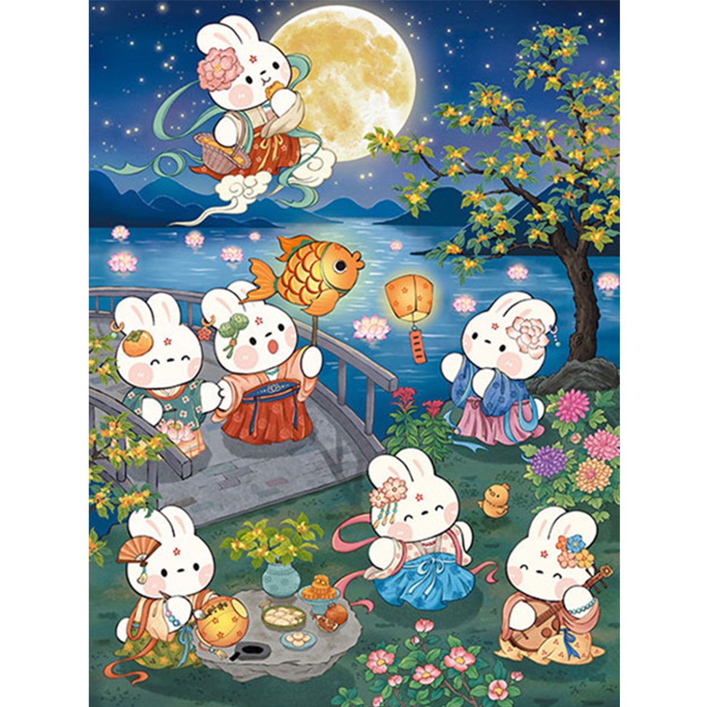 Rabbit With Blooming Flowers And Full Moon - Full 11CT Stamped Cross Stitch 55x70CM - Mona Lisa
