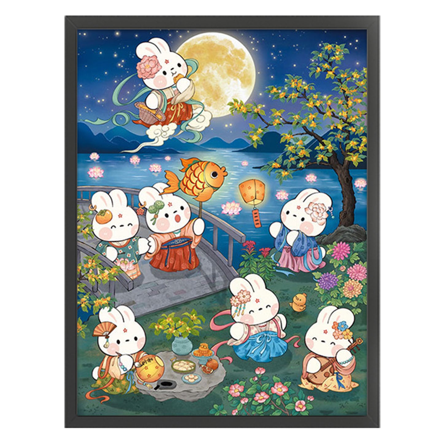 Rabbit With Blooming Flowers And Full Moon - Full 11CT Stamped Cross Stitch 55x70CM - Mona Lisa