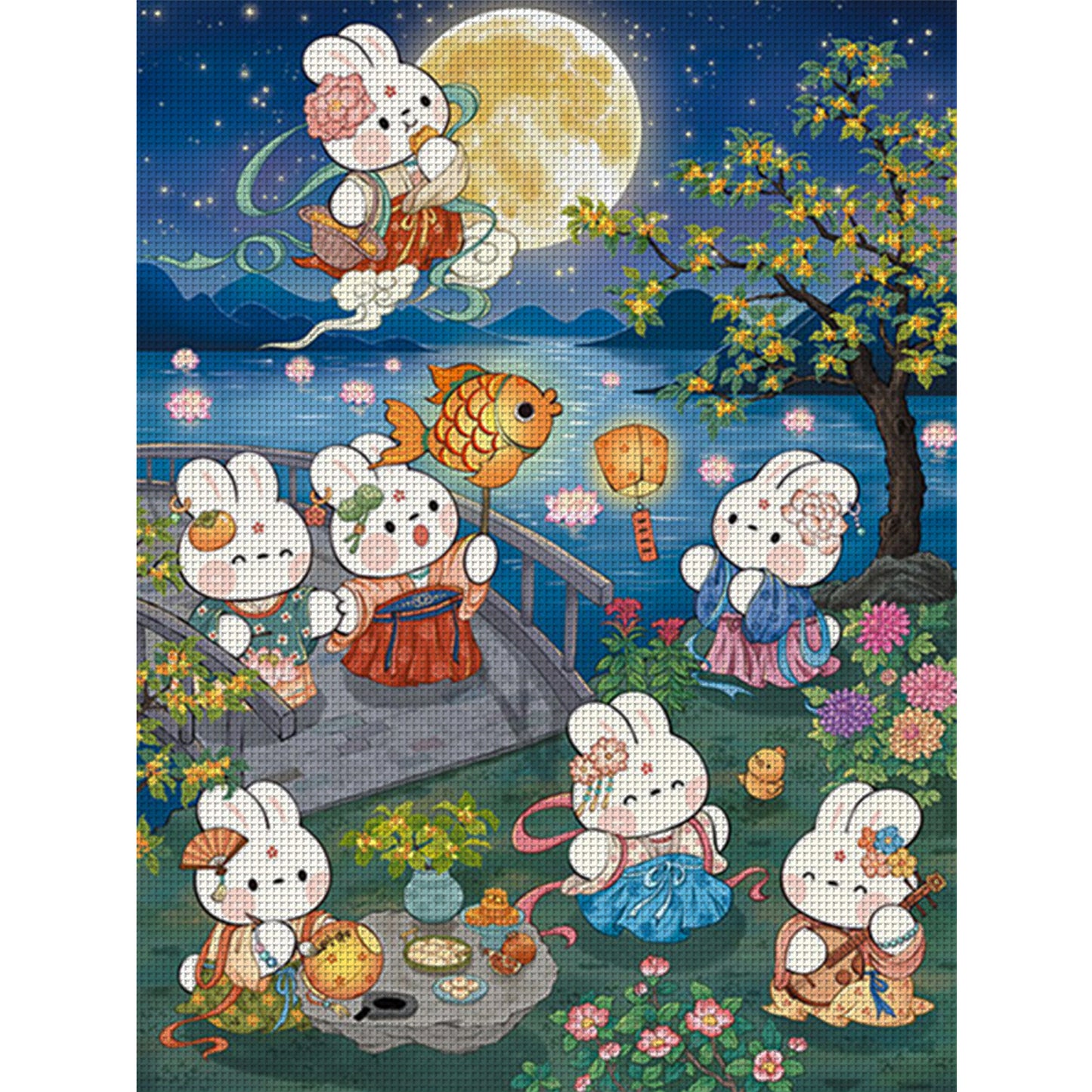 Rabbit With Blooming Flowers And Full Moon - Full 11CT Stamped Cross Stitch 55x70CM - Mona Lisa