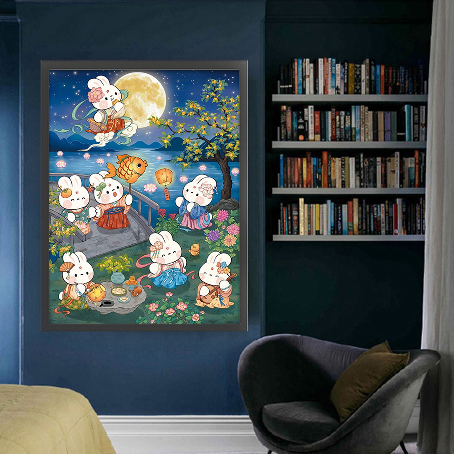 Rabbit With Blooming Flowers And Full Moon - Full 11CT Stamped Cross Stitch 55x70CM - Mona Lisa