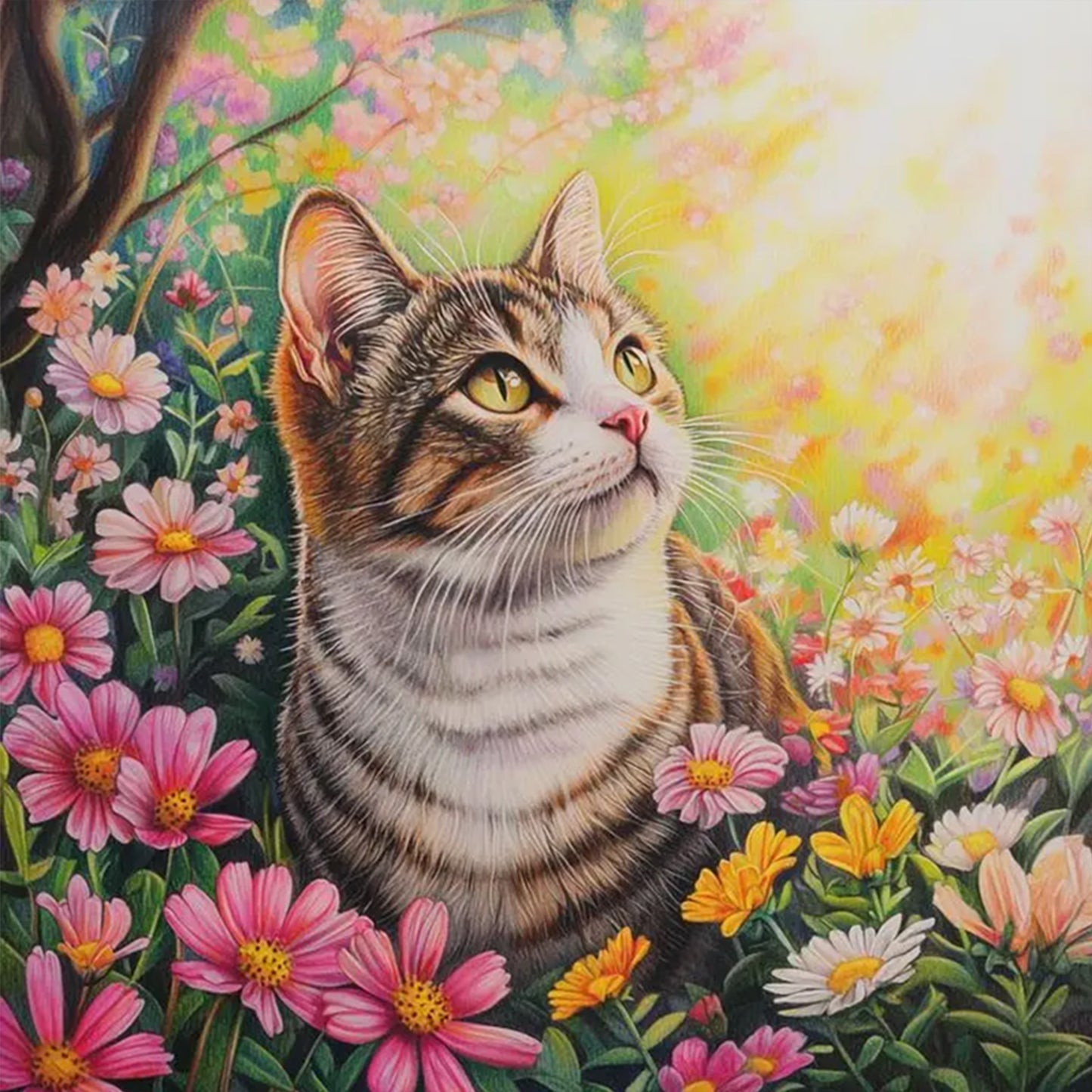 Pear Blossom Cat - Full 11CT Stamped Cross Stitch 40x40CM - Huacan