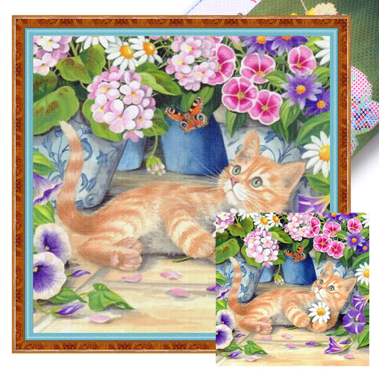 Orange Cat With Flowers - Full 11CT Stamped Cross Stitch 40x40CM - Huacan