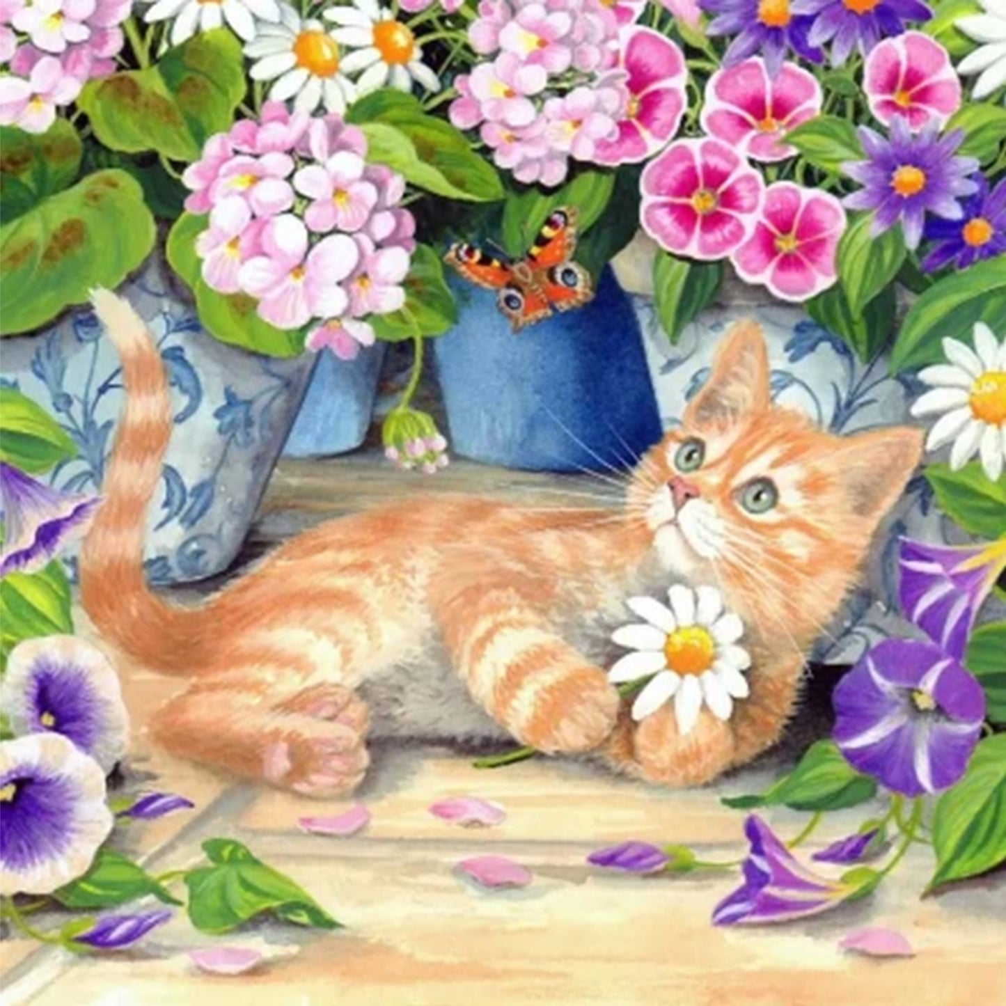 Orange Cat With Flowers - Full 11CT Stamped Cross Stitch 40x40CM - Huacan