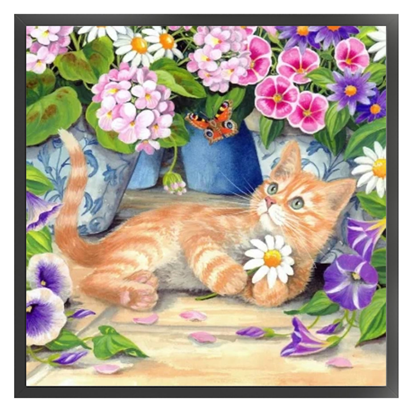 Orange Cat With Flowers - Full 11CT Stamped Cross Stitch 40x40CM - Huacan