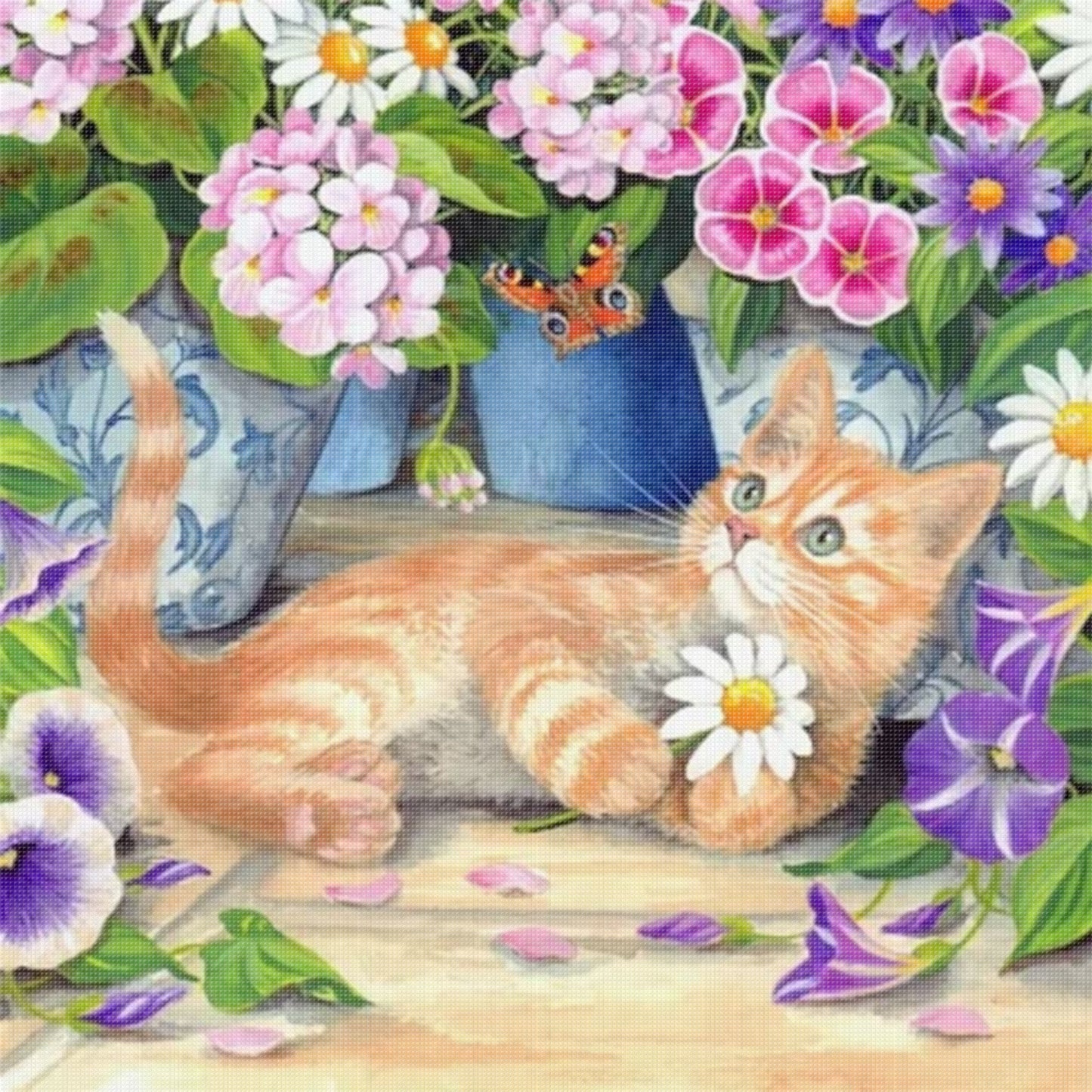 Orange Cat With Flowers - Full 11CT Stamped Cross Stitch 40x40CM - Huacan