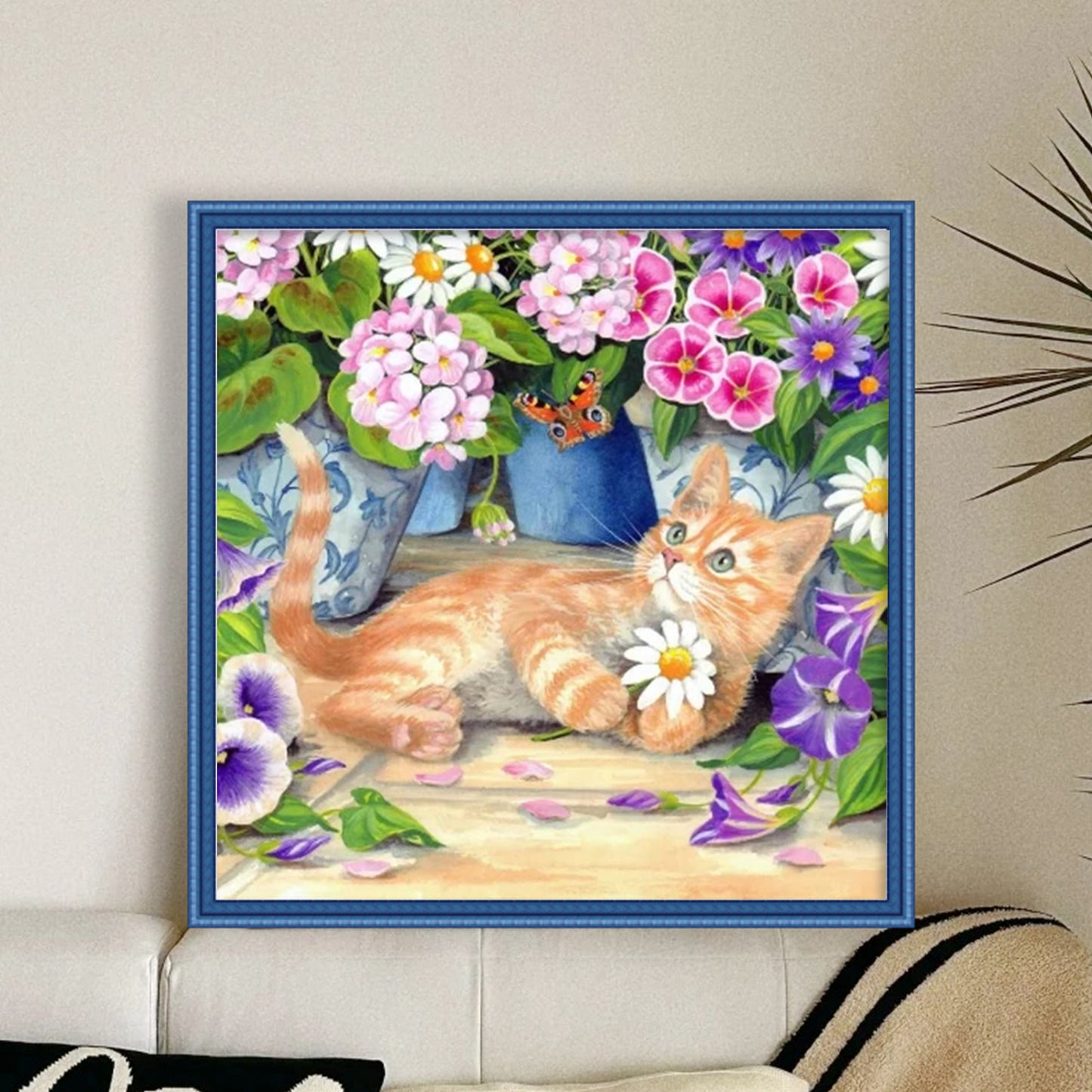 Orange Cat With Flowers - Full 11CT Stamped Cross Stitch 40x40CM - Huacan