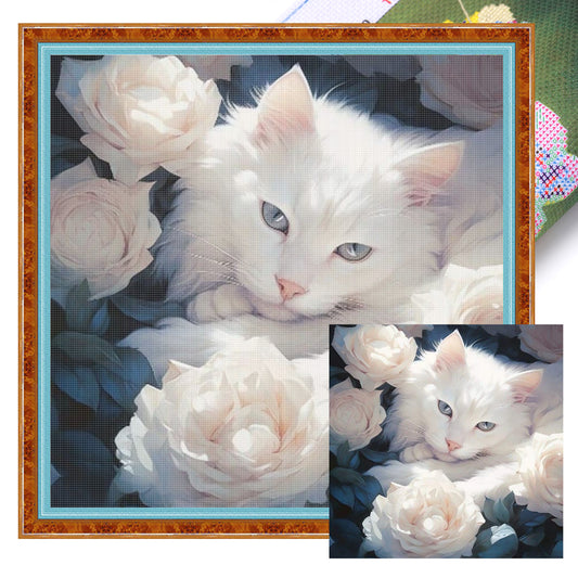 White Cat - Full 11CT Stamped Cross Stitch 40x40CM - Huacan