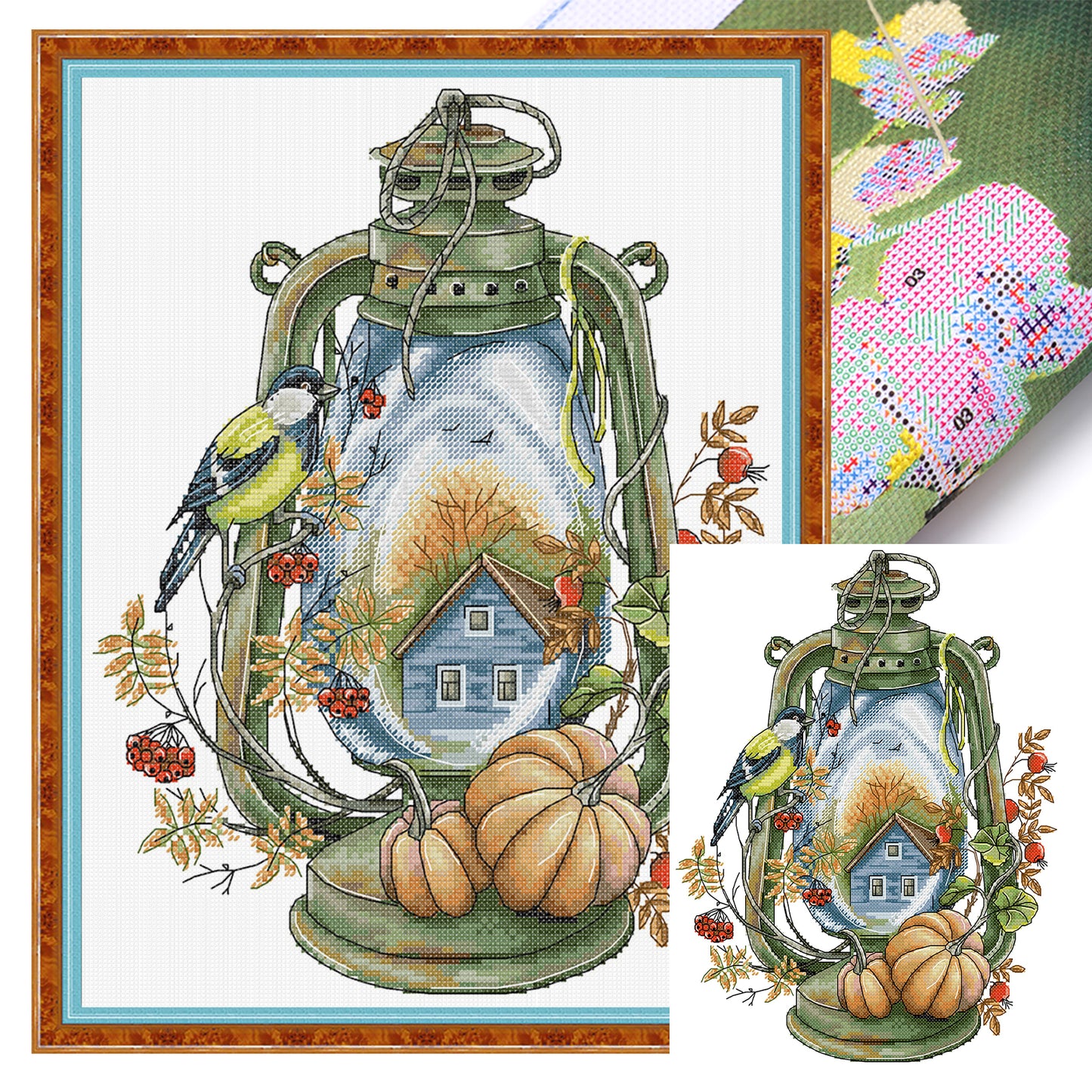 Bird Lantern - Autumn - Partial 14CT Stamped Cross Stitch 30x36CM - Joy Sunday Backstitch+Half Cross Stitch