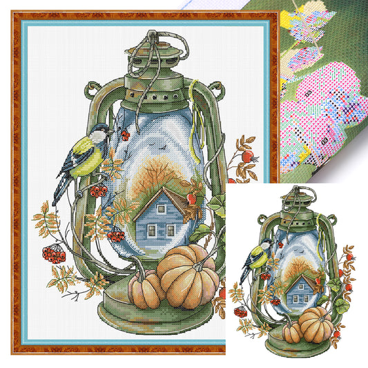 Bird Lantern - Autumn - Partial 14CT Stamped Cross Stitch 30x36CM - Joy Sunday Backstitch+Half Cross Stitch