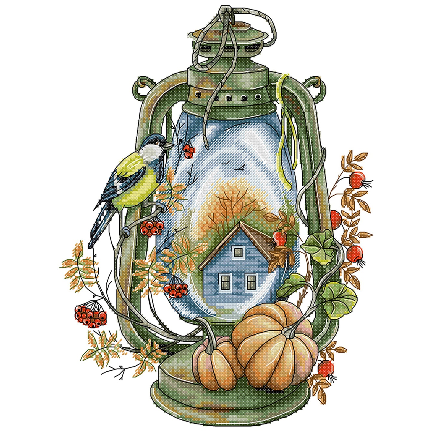 Bird Lantern - Autumn - Partial 14CT Stamped Cross Stitch 30x36CM - Joy Sunday Backstitch+Half Cross Stitch