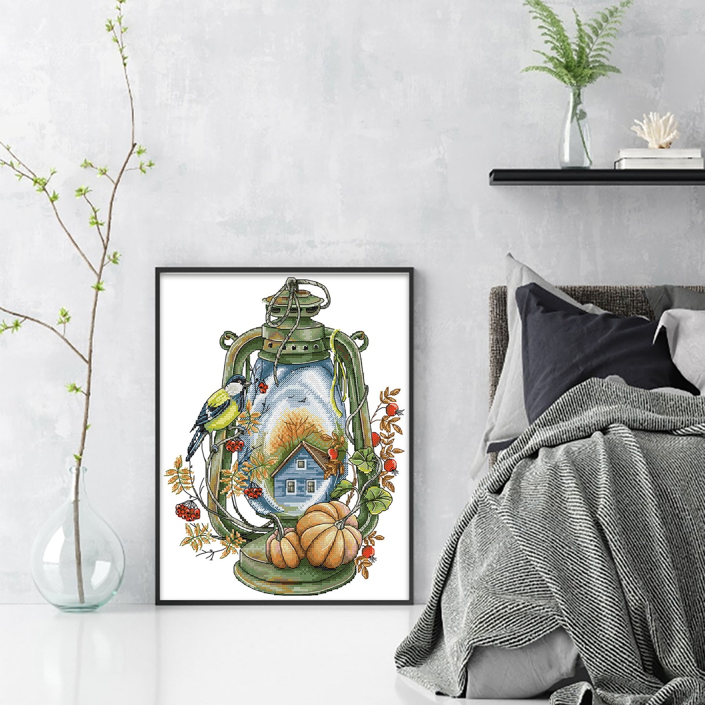 Bird Lantern - Autumn - Partial 14CT Stamped Cross Stitch 30x36CM - Joy Sunday Backstitch+Half Cross Stitch